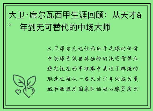 大卫·席尔瓦西甲生涯回顾：从天才少年到无可替代的中场大师
