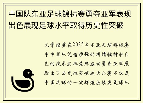 中国队东亚足球锦标赛勇夺亚军表现出色展现足球水平取得历史性突破