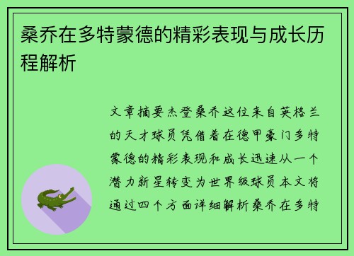 桑乔在多特蒙德的精彩表现与成长历程解析