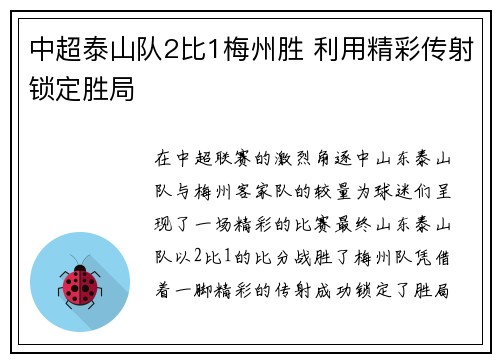 中超泰山队2比1梅州胜 利用精彩传射锁定胜局